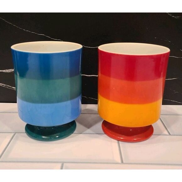 HOLT-HOWARD 1966 Striped Set Of 2 Porcelain Mugs Handles Footed Blue Orange EUC - Picture 4 of 13